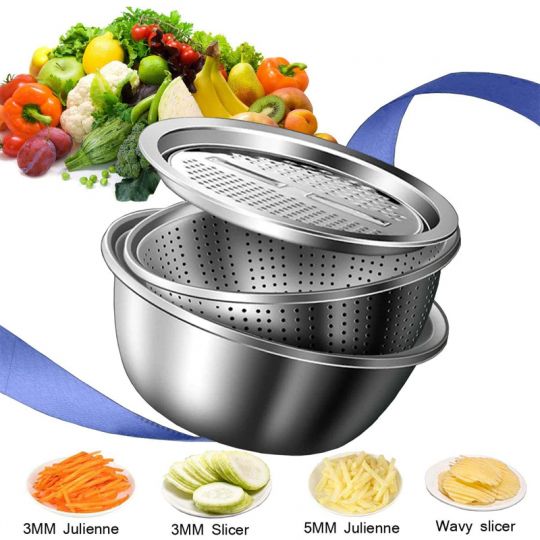Stainless Steel Basin with Grater 3 in 1 Vegetable Cutter Slicer Cheese  Grater with Drain Basket